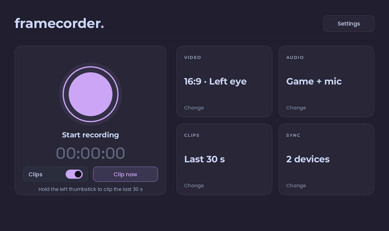 the framecorder tab in the steamvr dashboard, with a record button and a clips switch